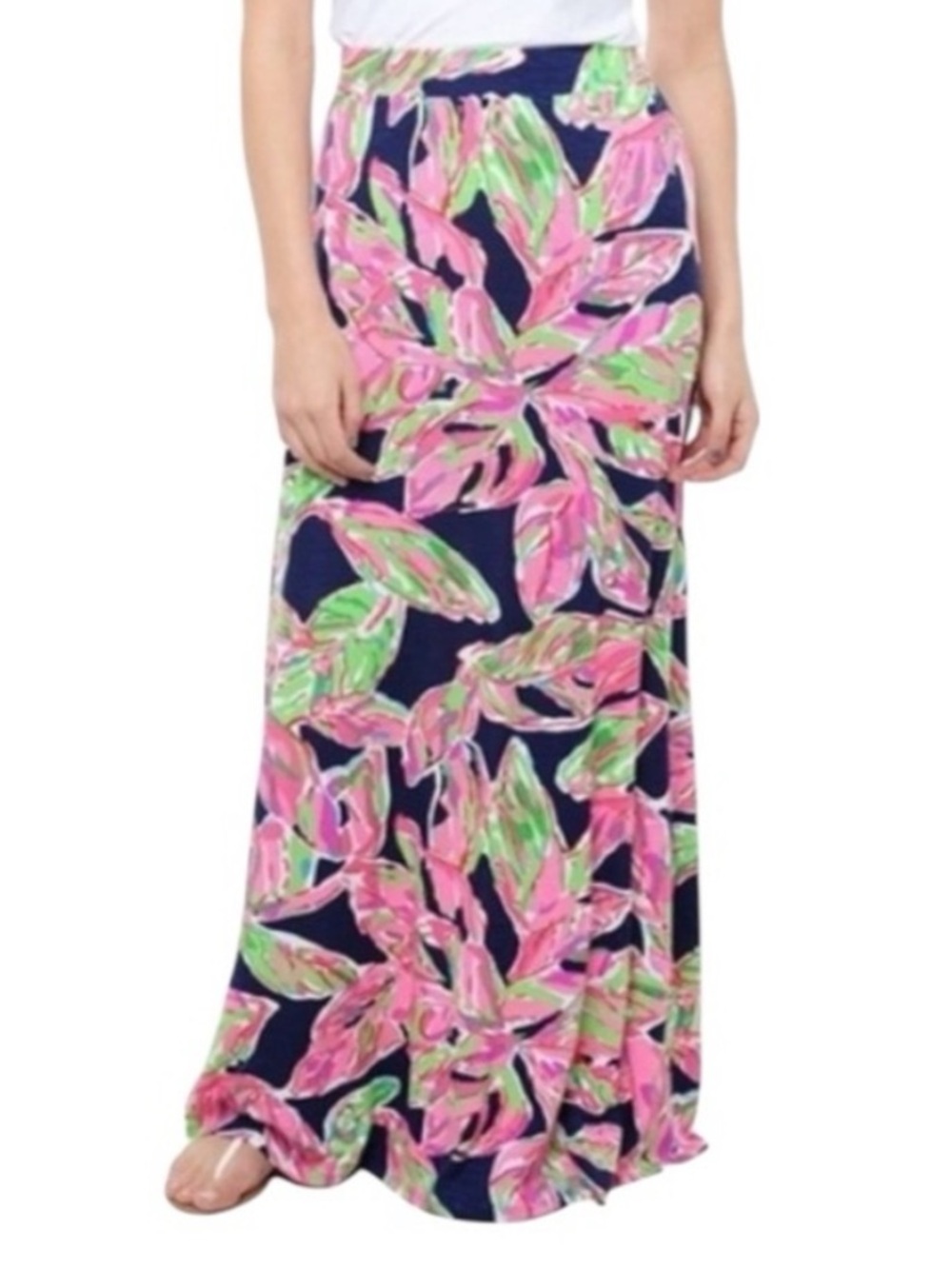 Lilly Pulitzer Navy Maxi Skirt with Pink & Green Leaf Print